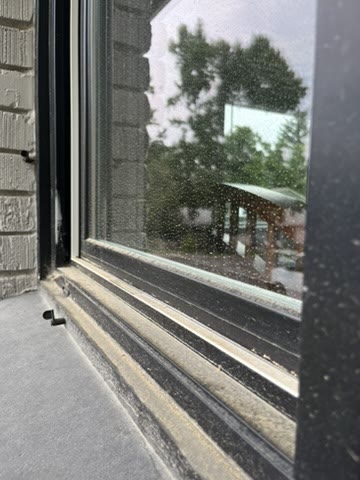 A black-framed window before cleaning, the glass spotted and the track full of grit